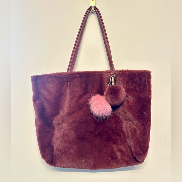 Large Burgundy Faux Fur Handbag w/ PomPom Attachments & Small Bag - Picture 1 of 9